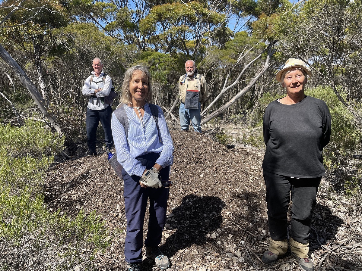 Volunteers Kevin Doecke, Celia Manning and Nanou Cabourdin, with trainer Graeme Tonkin from the National Malleefowl Recovery Group.